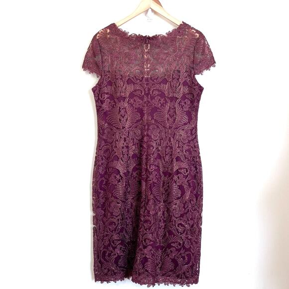 Tadashi Shoji Lace Dress Size 14 Brown Feminine Romantic Gala Sheath Midi Dainty - Picture 2 of 12